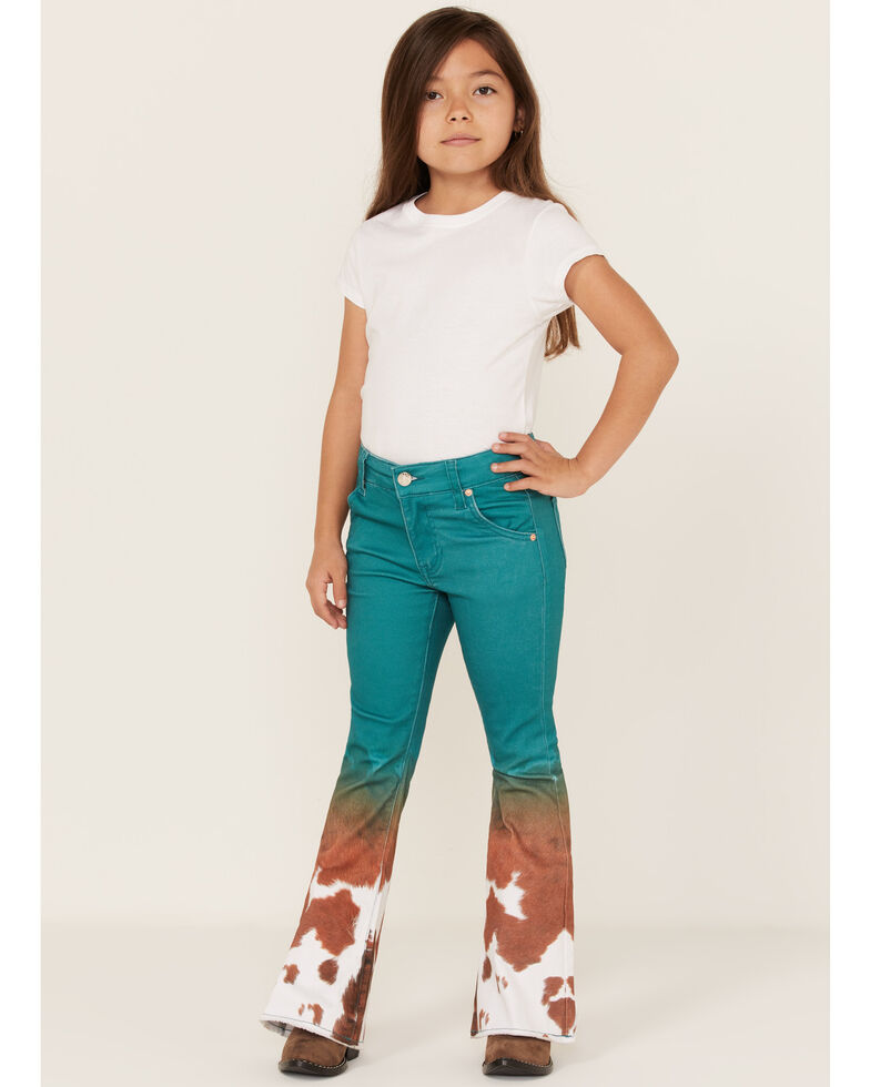 Ranch Dress'n Girls' Cow Print Mid Rise Super Flare Jeans, Jade, hi-res