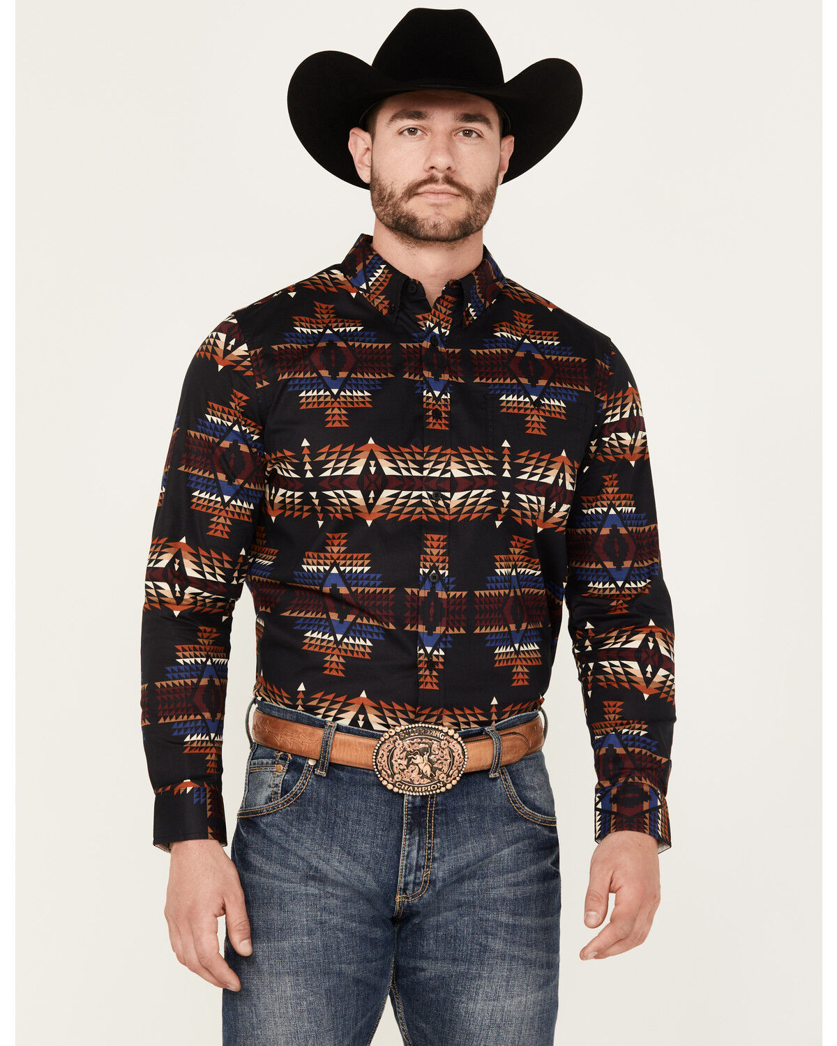 Image #1 - RANK 45® Men's Pablo Southwestern Long Sleeve Button-Down Stretch Western Shirt, Black, hi-res
