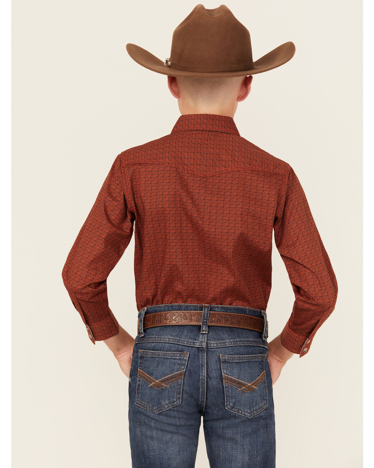 Image #4 - Wrangler Boys' Checkered Print Long Sleeve Snap Stretch Western Shirt, Rust Copper, hi-res