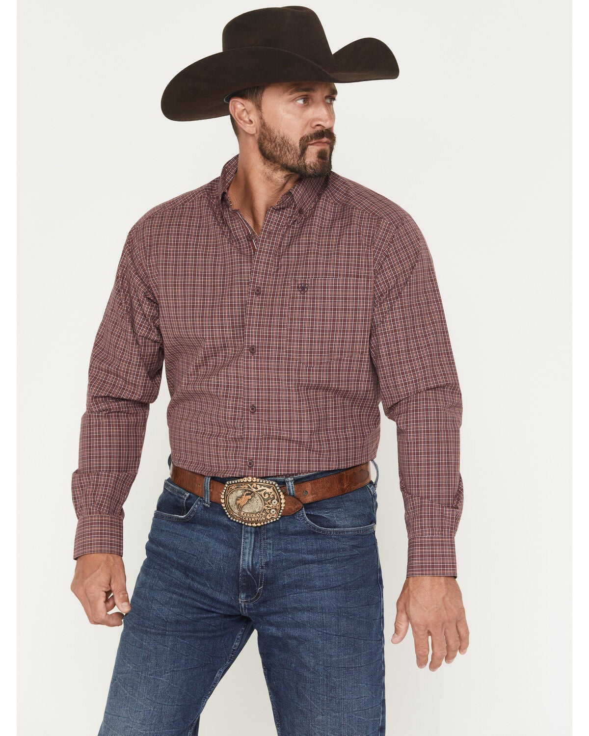 Ariat Men's Pro Series Travis Plaid Print Long Sleeve Button-Down Stretch Western Shirt - Tall, Burgundy, hi-res