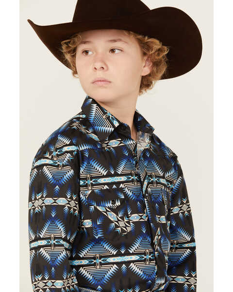 Image #2 - Rock & Roll Denim Boys' Southwestern Print Long Sleeve Stretch Snap Western Shirt , Navy, hi-res