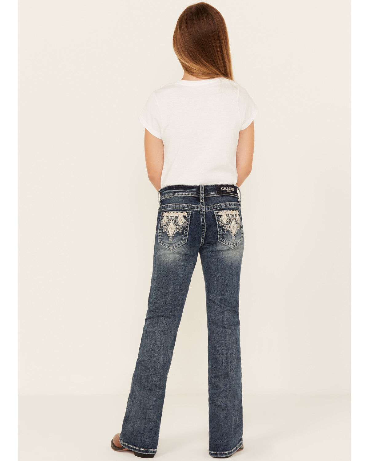 Image #1 - Grace In LA Girls' Chevron Embroidered Medium Wash Bootcut Stretch Denim Jeans, Blue, hi-res