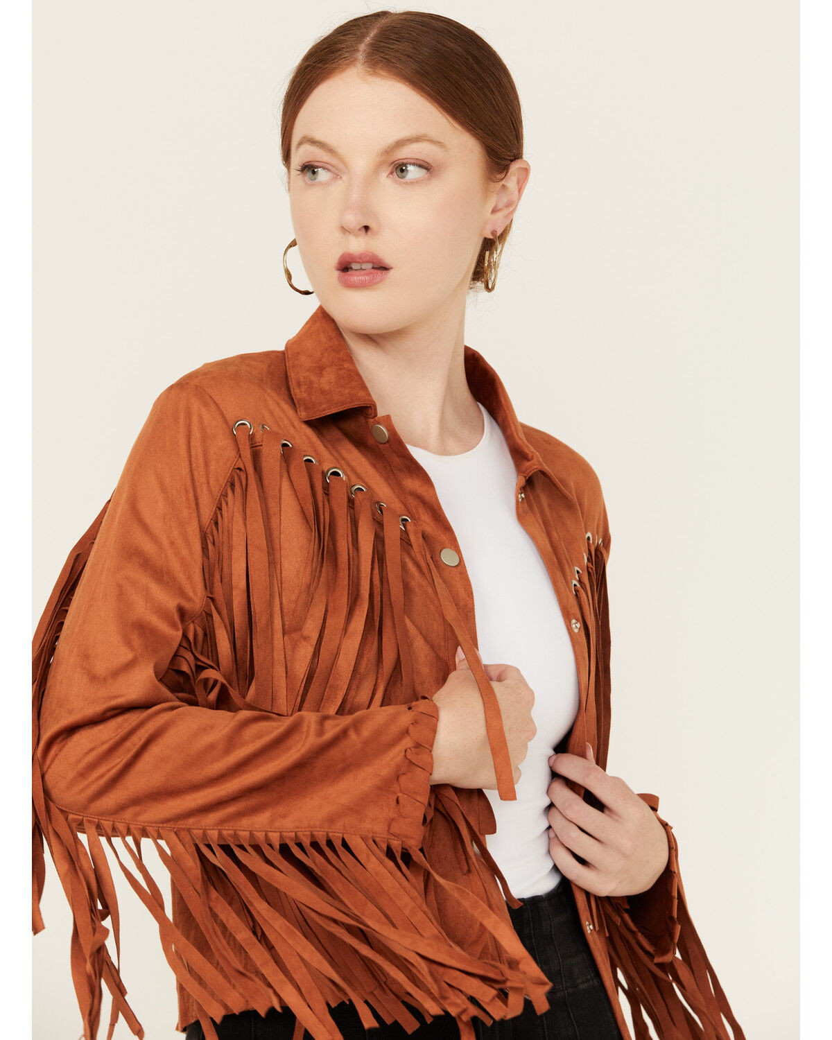 Image #2 - Blue B Women's Grommet Faux Suede Fringe Jacket, Rust Copper, hi-res