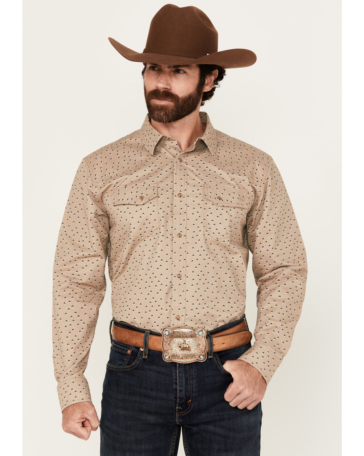 Image #1 - Blue Ranchwear Men's Harrison Geo Print Long Sleeve Snap Western Shirt, Wheat, hi-res