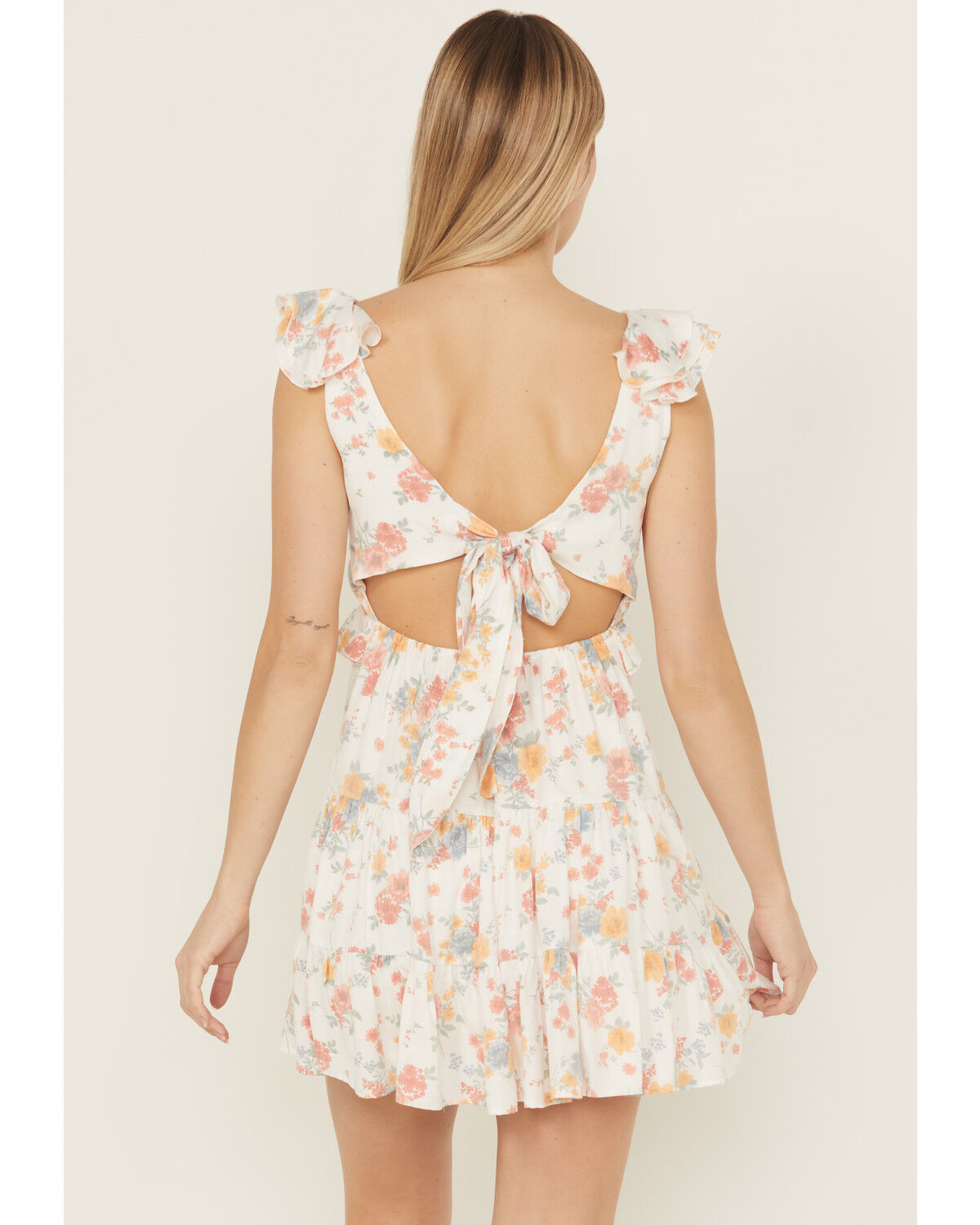 Image #4 - Ash & Violet Women's Floral Print Ruffle Trim Mini Dress, White, hi-res