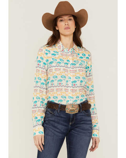 Roper Women's Buffalo Roam Southwestern Print Long Sleeve Pearl Snap Western Shirt, Multi, hi-res
