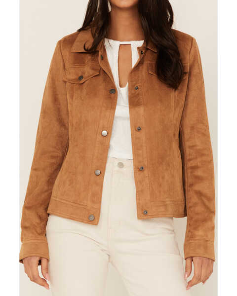 Image #3 - Fornia Women's Faux Suede Trucker Snap Jacket, Camel, hi-res