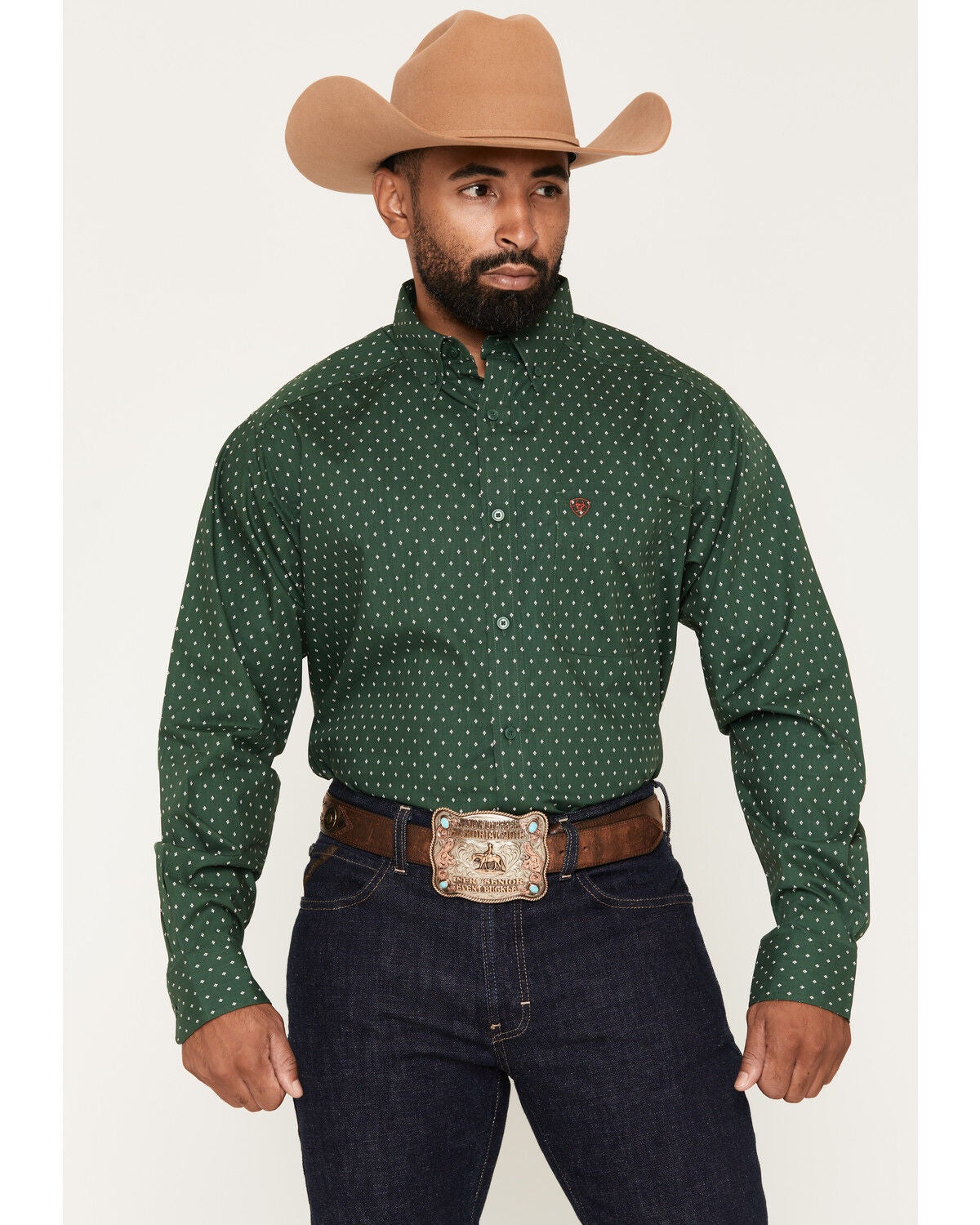 Ariat Men's Larkspur Medallion Print Long Sleeve Button-Down Western Shirt, Green, hi-res