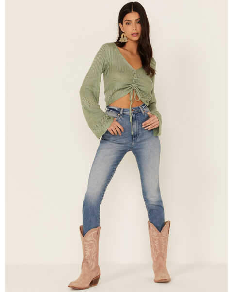 Image #4 - Lush Clothing Cinch Front Pointelle Bell Sleeve Top, Sage, hi-res