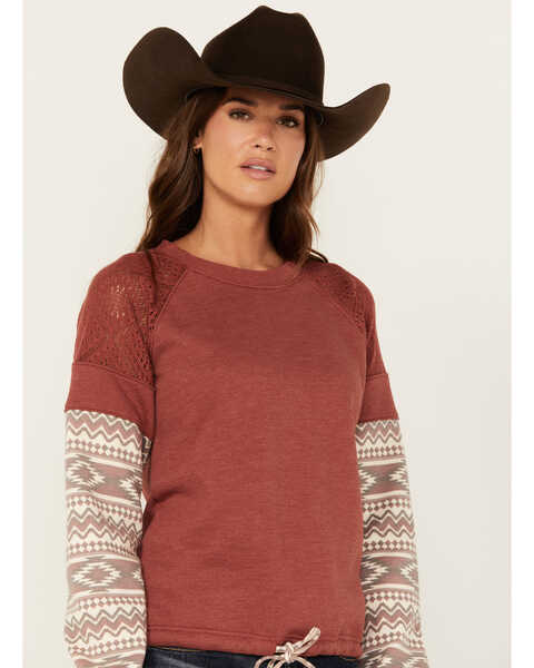 Image #2 - Shyanne Women's Wanda Fleece Mix Pullover Sweatshirt , Dark Red, hi-res