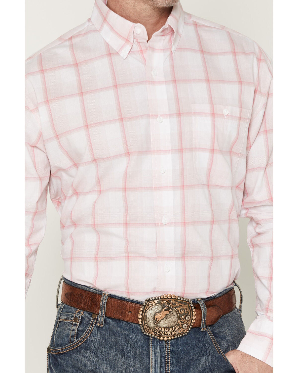 Image #3 - Wrangler Men's Bucking Cancer Plaid Print Long Sleeve Button-Down Western Shirt, Pink, hi-res
