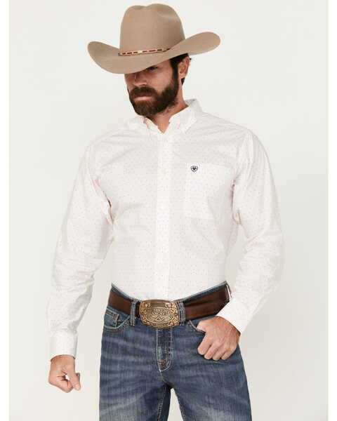 Image #1 - Ariat Men's Thor Dot Print Fitted Long Sleeve Button-Down Western Shirt , White, hi-res