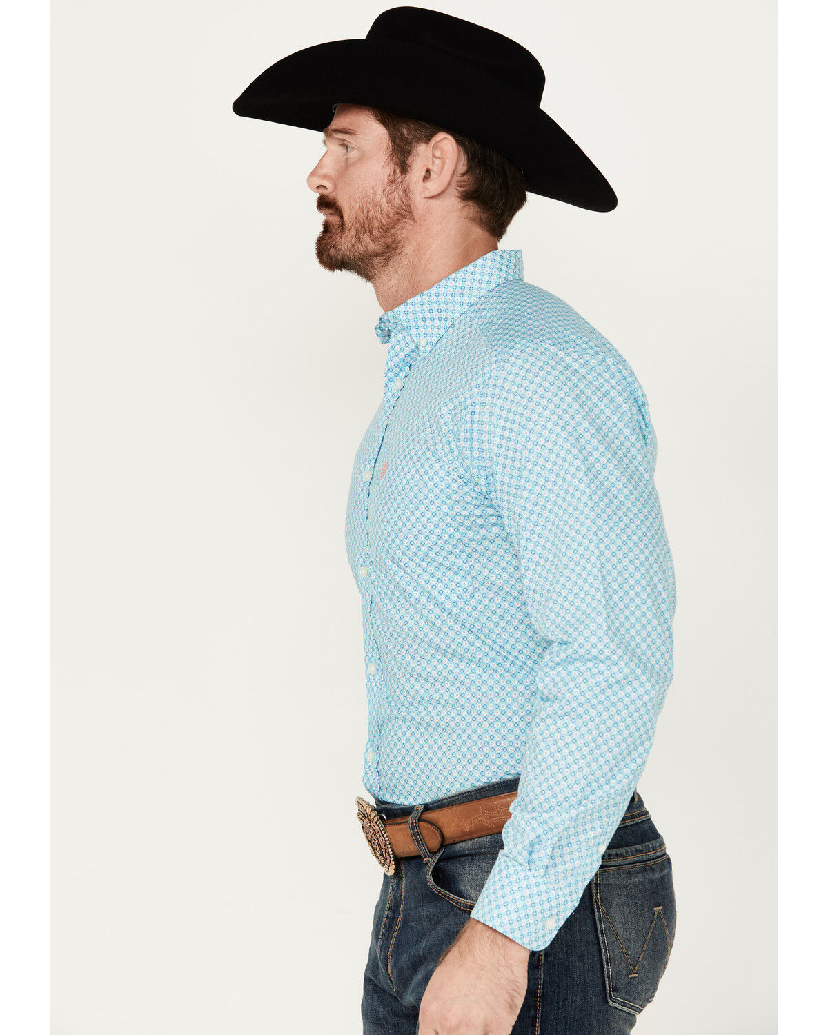Image #2 - Ariat Men's Kamron Geo Print Fitted Long Sleeve Button-Down Western Shirt, Light Blue, hi-res