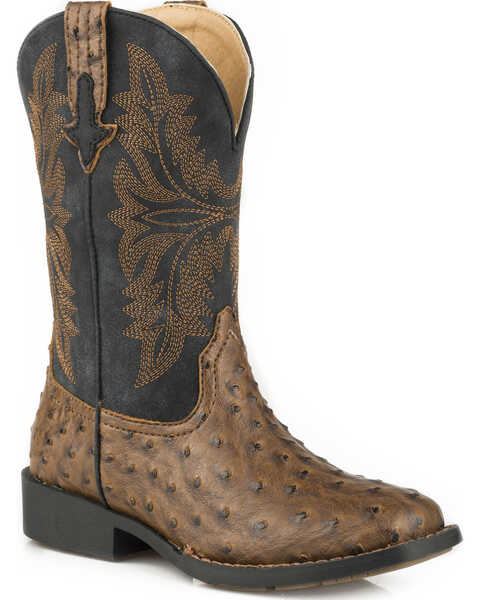 Roper Boys' Ostrich Print Western Boots - Broad Square Toe, Brown, hi-res