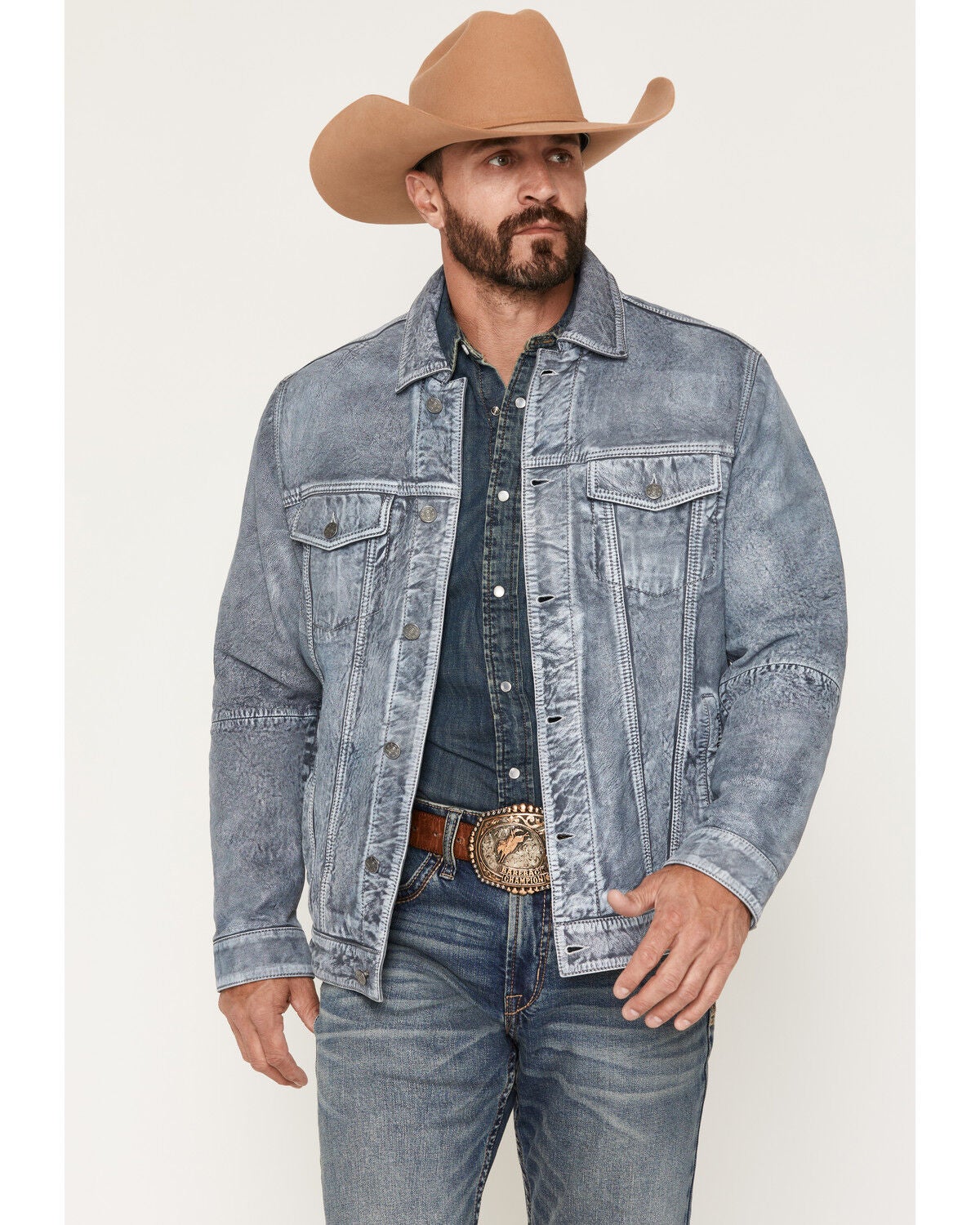 Scully Men's Distressed Leather Button-Down Trucker Jacket, Slate, hi-res