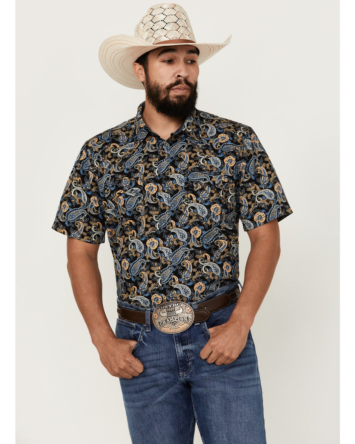 Cody James Men's 18 Carat Paisley Print Short Sleeve Snap Western Shirt, Navy, hi-res