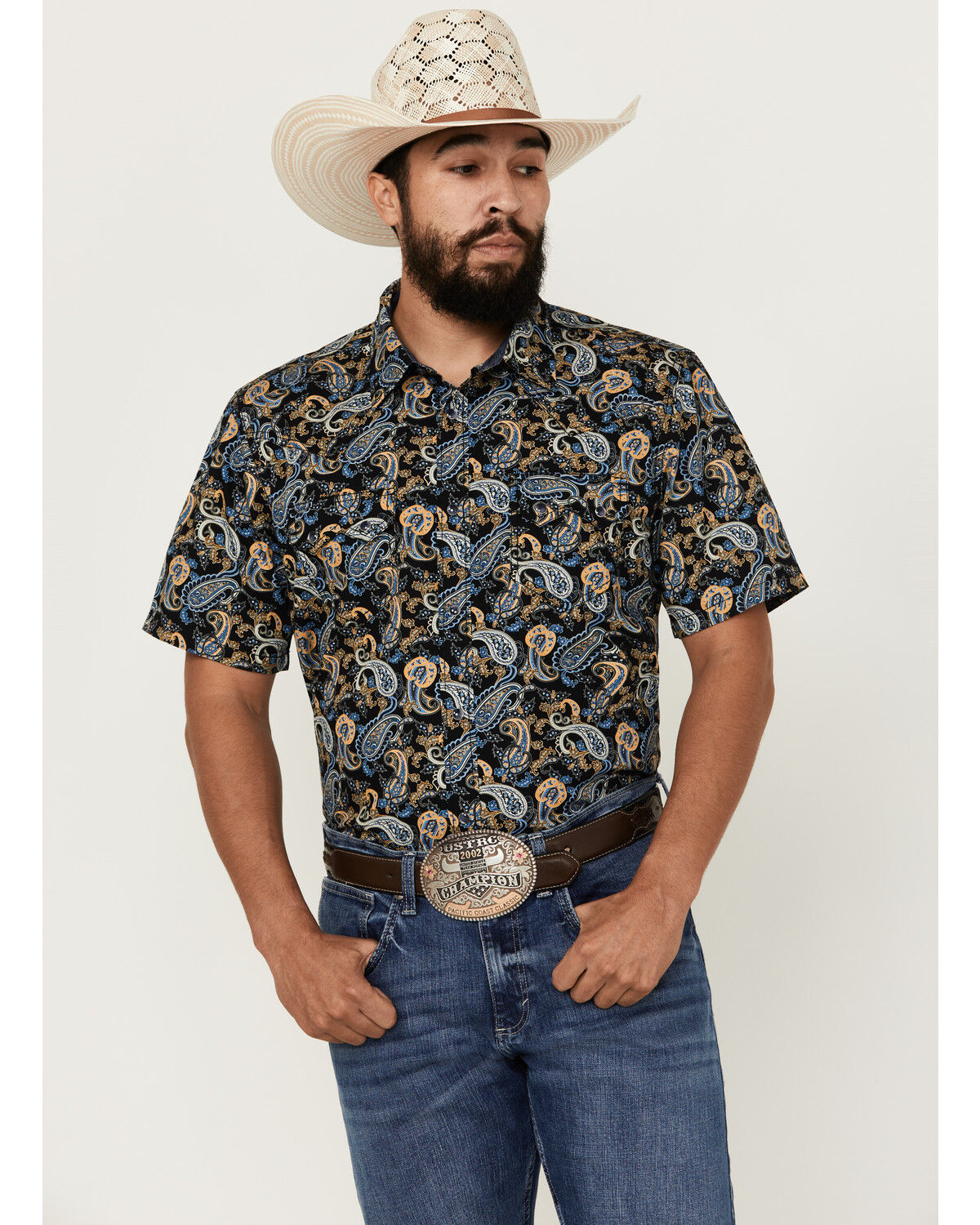 Image #1 - Cody James Men's 18 Carat Paisley Print Short Sleeve Snap Western Shirt, Navy, hi-res
