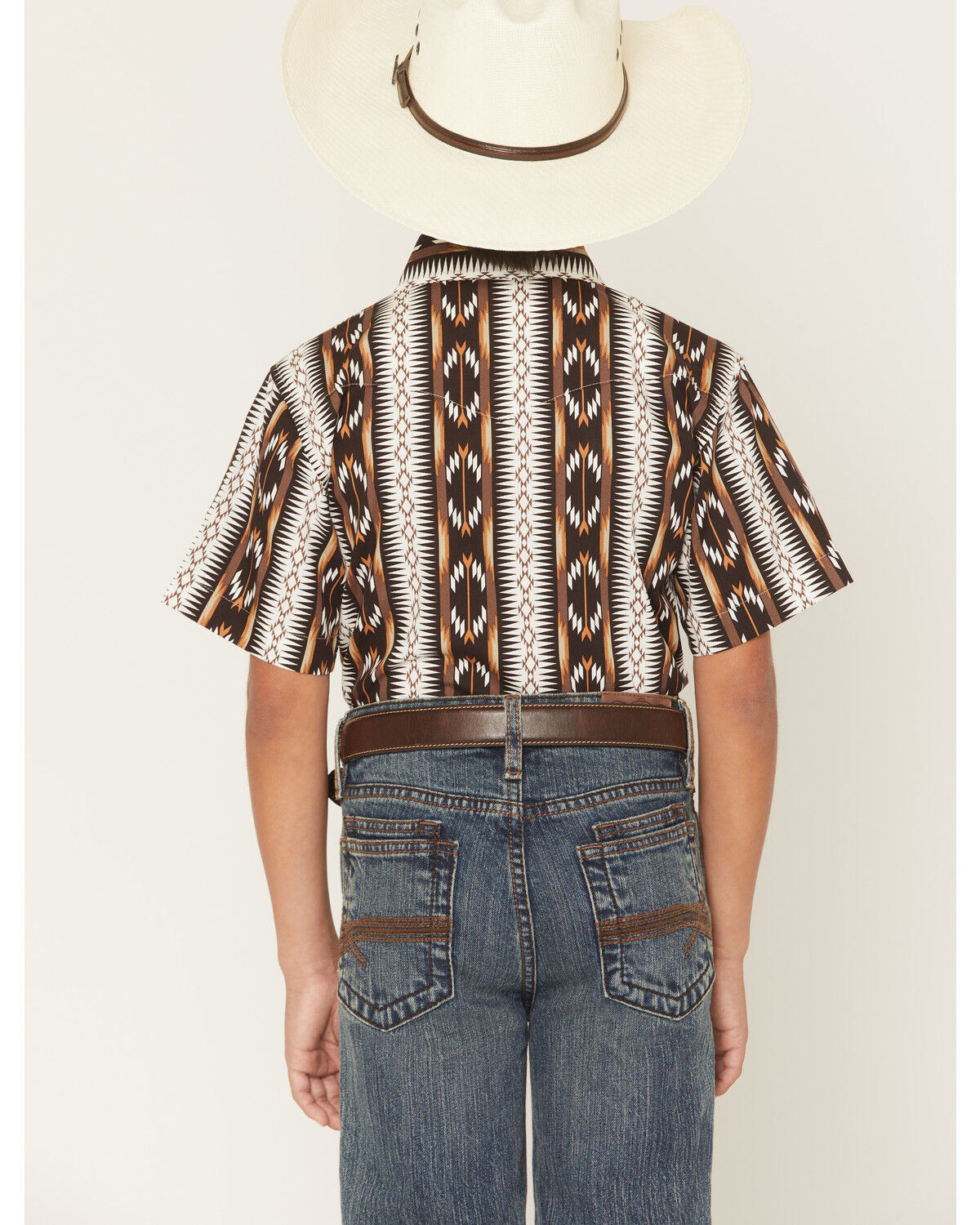 Image #4 - Wrangler Boys' Checotah Southwestern Striped Short Sleeve Pearl Snap Western Shirt, Brown, hi-res