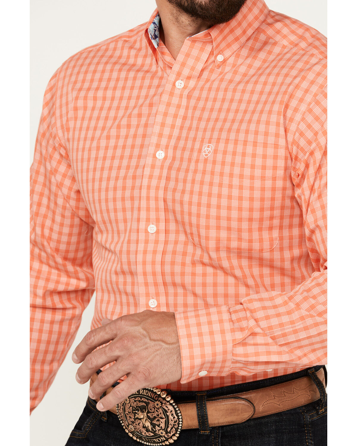 Image #3 - Ariat Men's Wrinkle Free Winston Plaid Print Button-Down Long Sleeve Western Shirt, Coral, hi-res