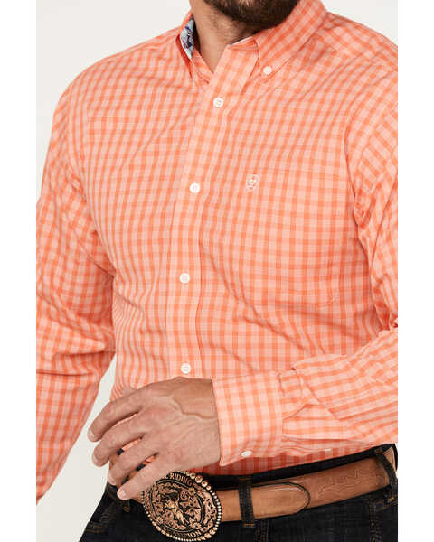 Ariat Men's Wrinkle Free Winston Plaid Print Button-Down Long Sleeve Western Shirt, Coral, hi-res