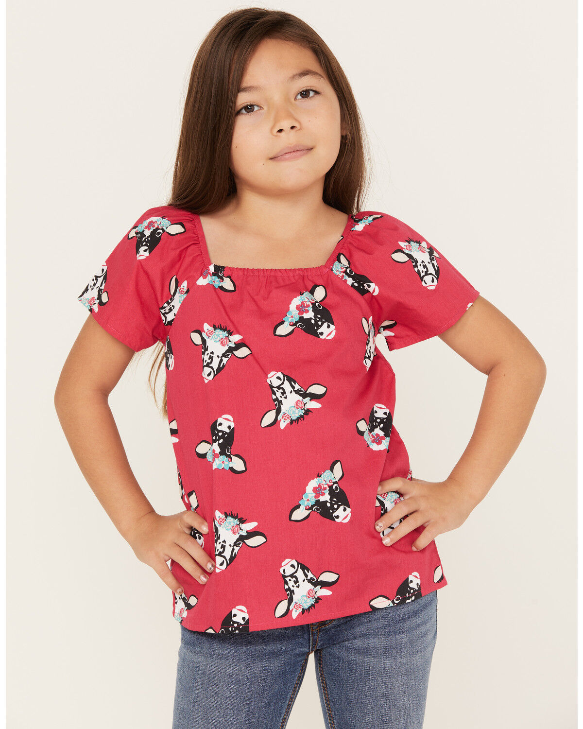 Image #1 - Wrangler Girls' Cow Head Print Puff Sleeve Shirt, Hot Pink, hi-res