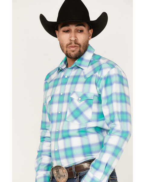 Rough Stock By Panhandle Men's Stretch Ombre Plaid Long Sleeve Snap Western Shirt , Aqua, hi-res
