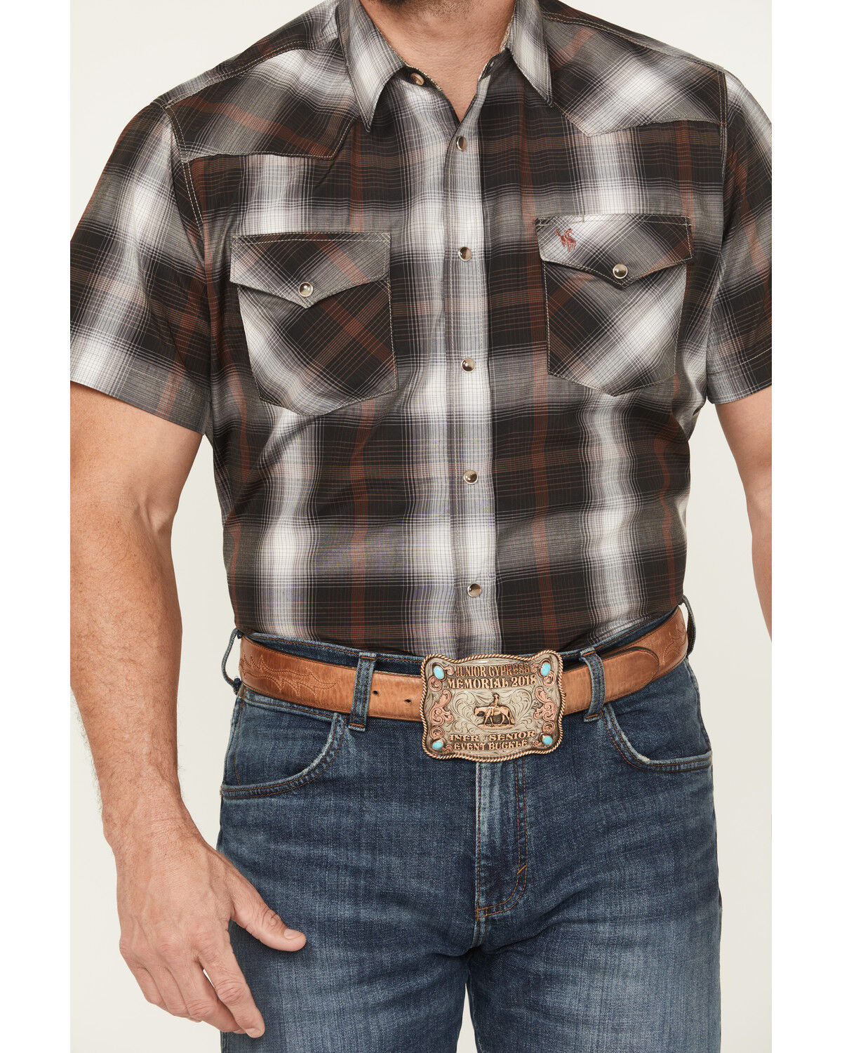 Image #3 - Rodeo Clothing Men's Plaid Print Short Sleeve Snap Stretch Western Shirt, Black, hi-res