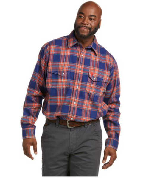 Ariat Men's FR Swenson Plaid Print Long Sleeve Snap Work Shirt , Blue, hi-res