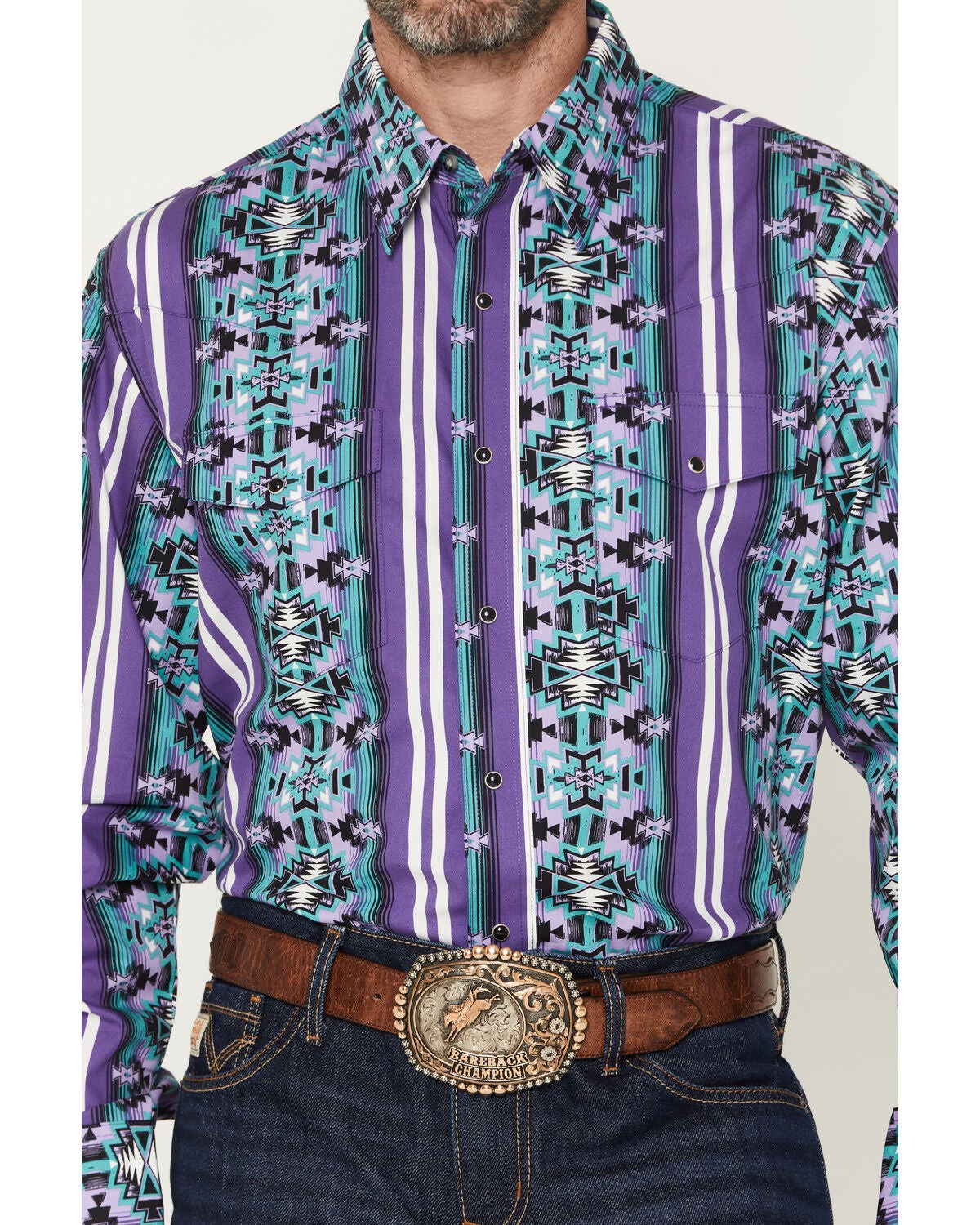 Image #3 - Wrangler Men's Checotah Southwestern Print Long Sleeve Snap Western Shirt, Purple, hi-res