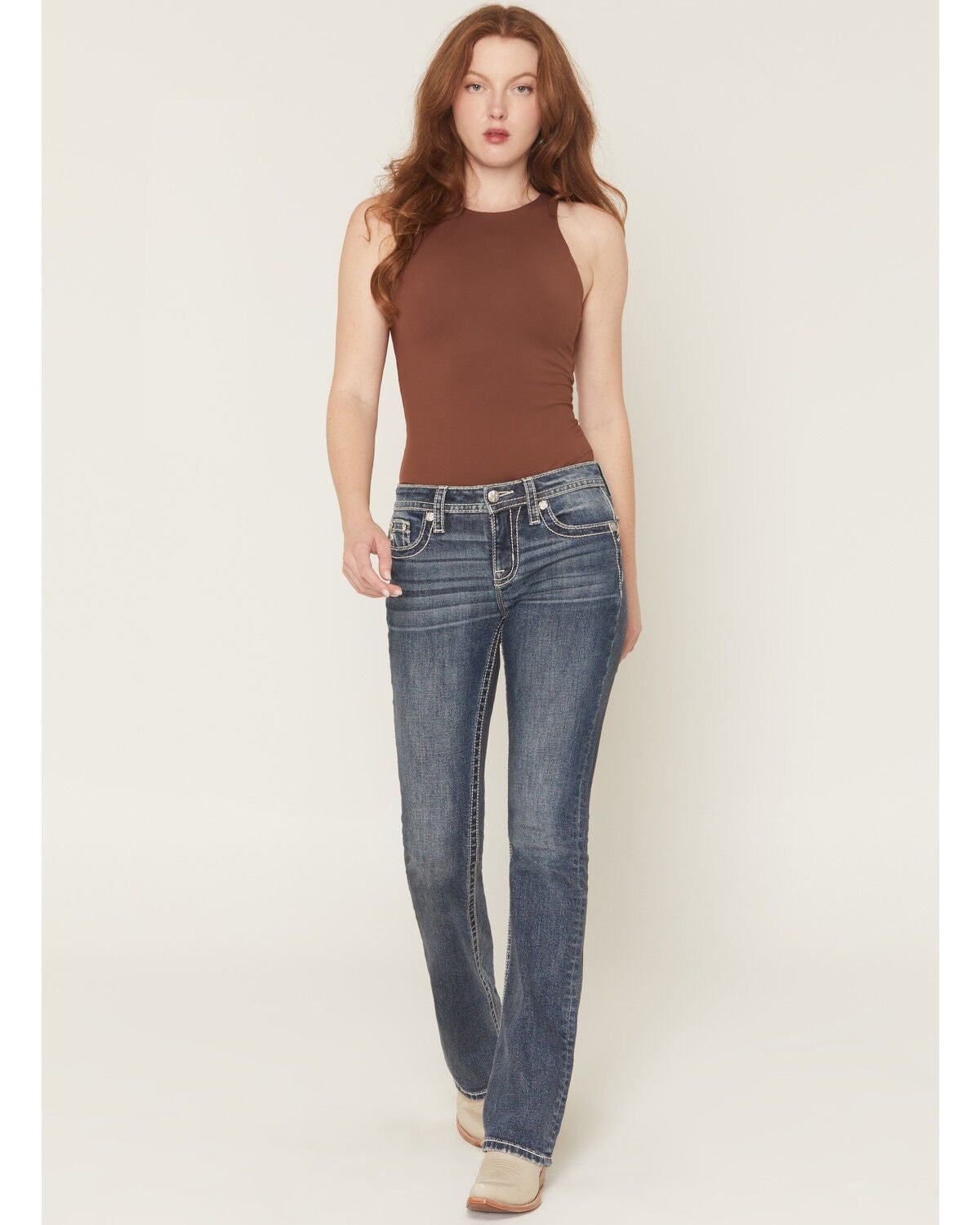 Image #3 - Miss Me Women's Medium Wash Mid Rise Wing Pocket 32" Bootcut Stretch Denim Jeans, Medium Wash, hi-res