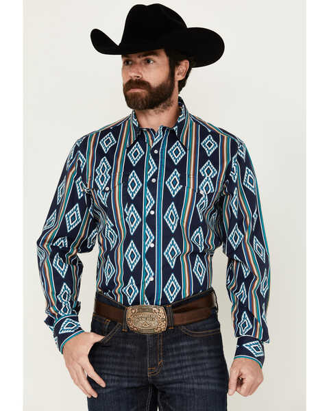 Roper Men's Vintage Southwestern Striped Print Long Sleeve Pearl Snap Western Shirt, Dark Blue, hi-res