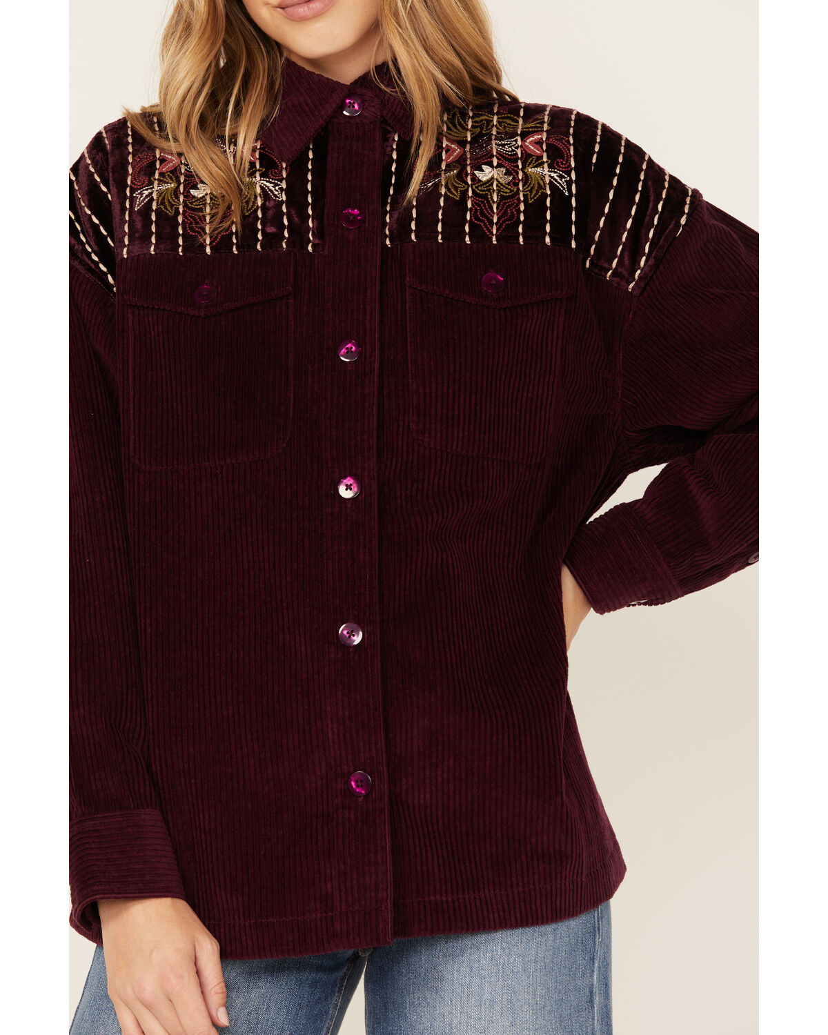 Image #2 - Cleo + Wolf Women's Embroidered Velvet Shacket, Grape, hi-res