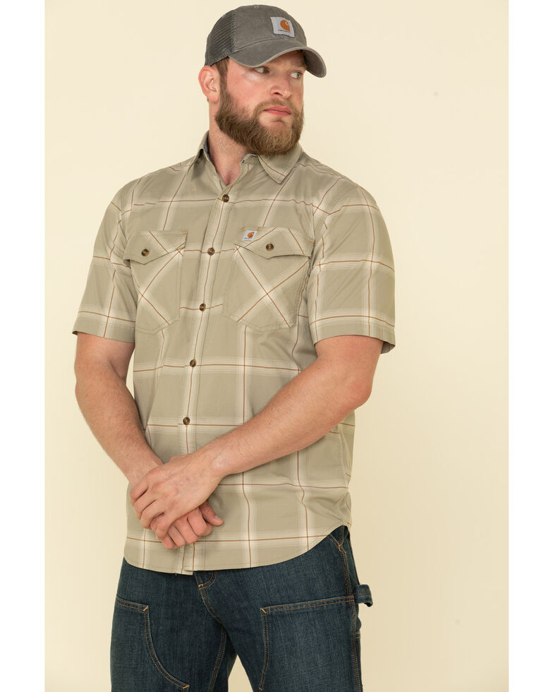 Carhartt Men's Khaki Rugged Flex Bozeman Plaid Short Sleeve Work Shirt , Beige/khaki, hi-res