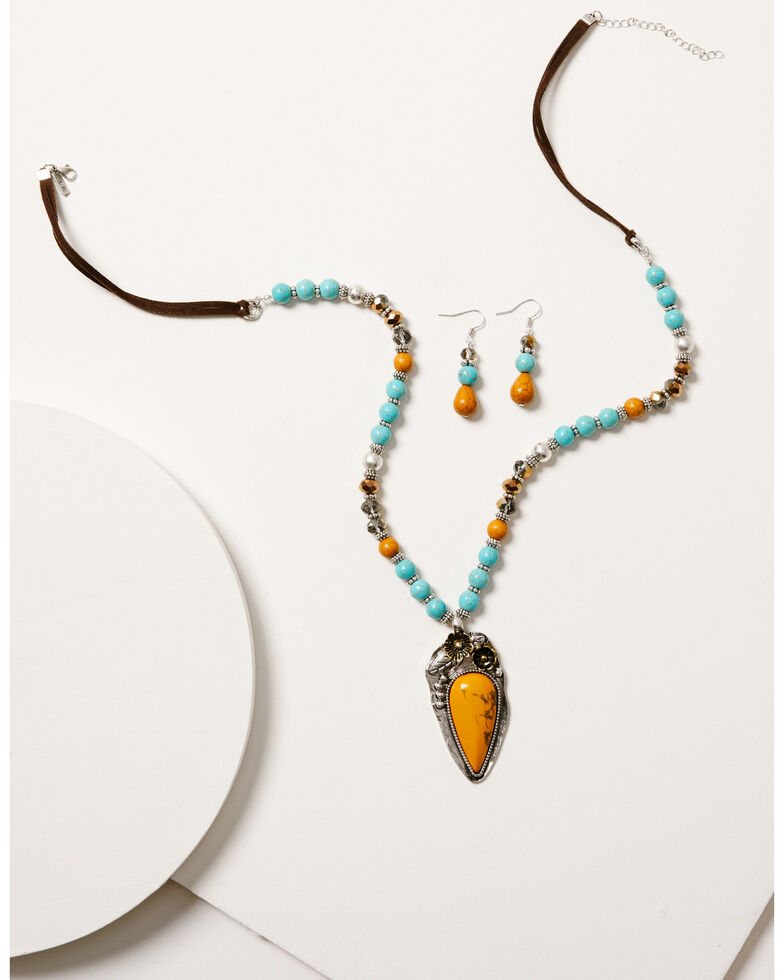 Shyanne Women's Turquoise & Amber Floral Long-Beaded Pendant Jewelry Set, Silver, hi-res