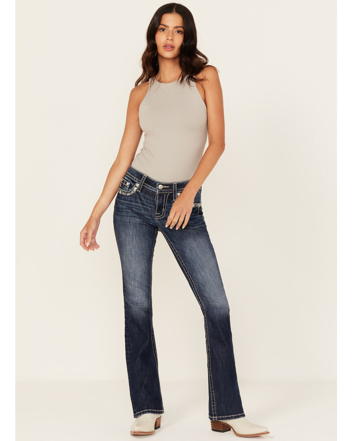 Image #3 - Miss Me Women's Dark Wash Mid Rise 32" Bootcut Stretch Denim Jeans, Dark Wash, hi-res