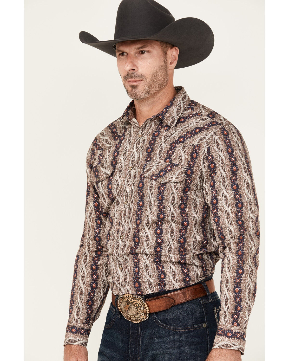Image #2 - Gibson Trading Co Men's Floral Striped Print Long Sleeve Snap Stretch Western Shirt, Brown, hi-res
