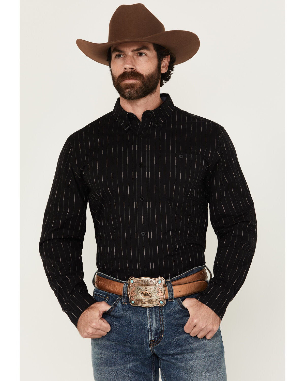RANK 45&reg; Men's Lotus Abstract Striped Long Sleeve Button-Down Stretch Western Shirt, Black, hi-res