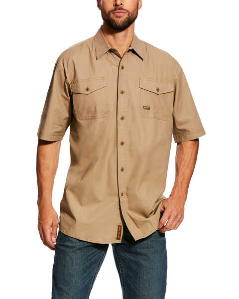 Image #1 - Ariat Men's Khaki Rebar Made Tough Vent Short Sleeve Work Shirt - Tall , Beige/khaki, hi-res