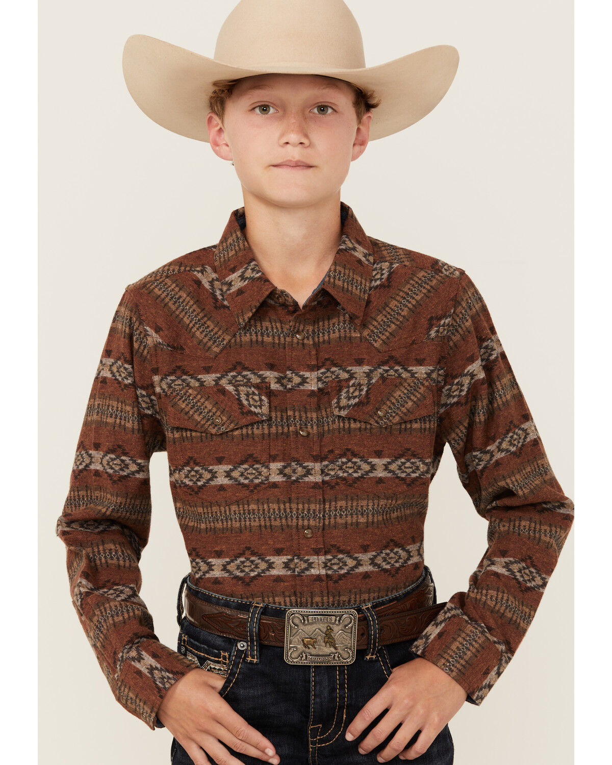 Image #1 - Cody James Boys' Resource Southwestern Print Long Sleeve Snap Flannel Shirt, Rust Copper, hi-res