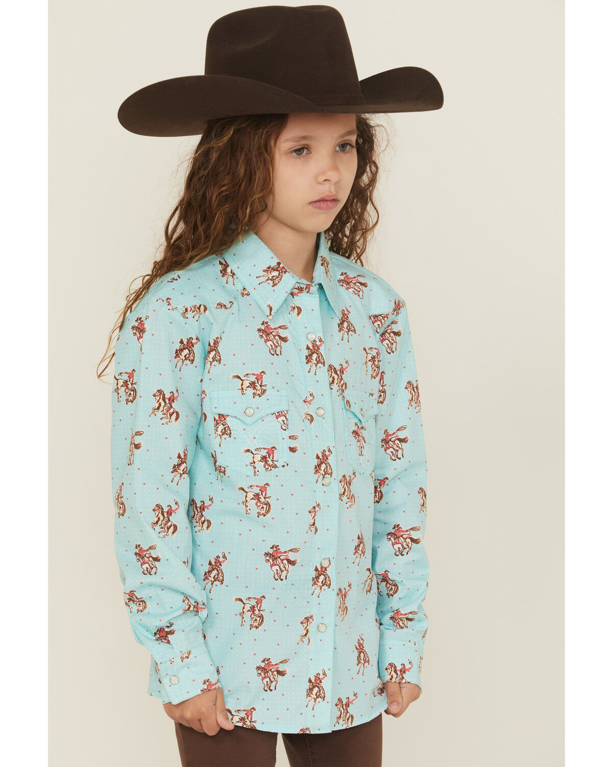 Image #2 - Panhandle Girls' Horse And Heart Print Long Sleeve Snap Western Shirt, Blue, hi-res
