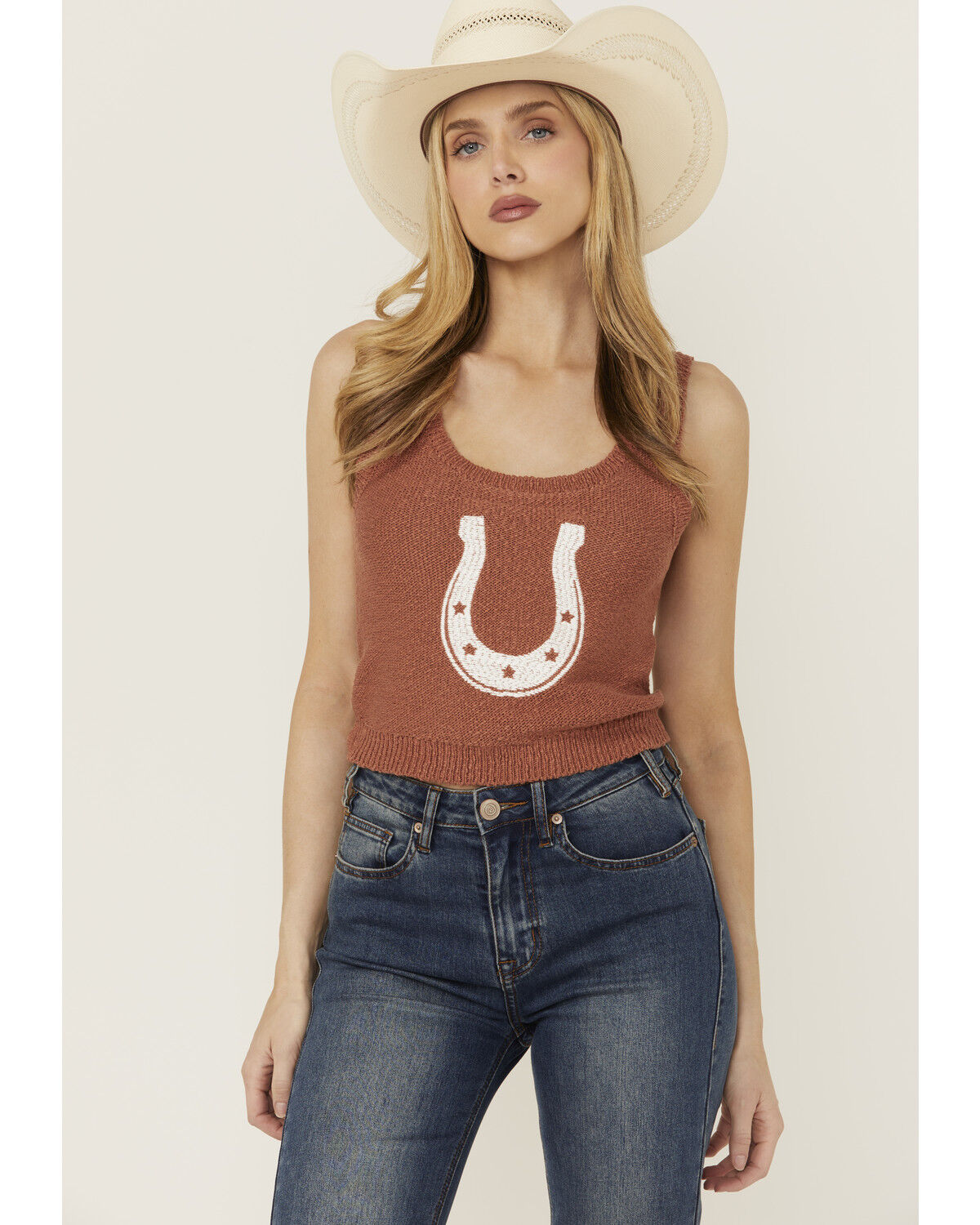 Image #1 - White Crow Women's Horseshoe Cropped Sweater Tank, Beige, hi-res