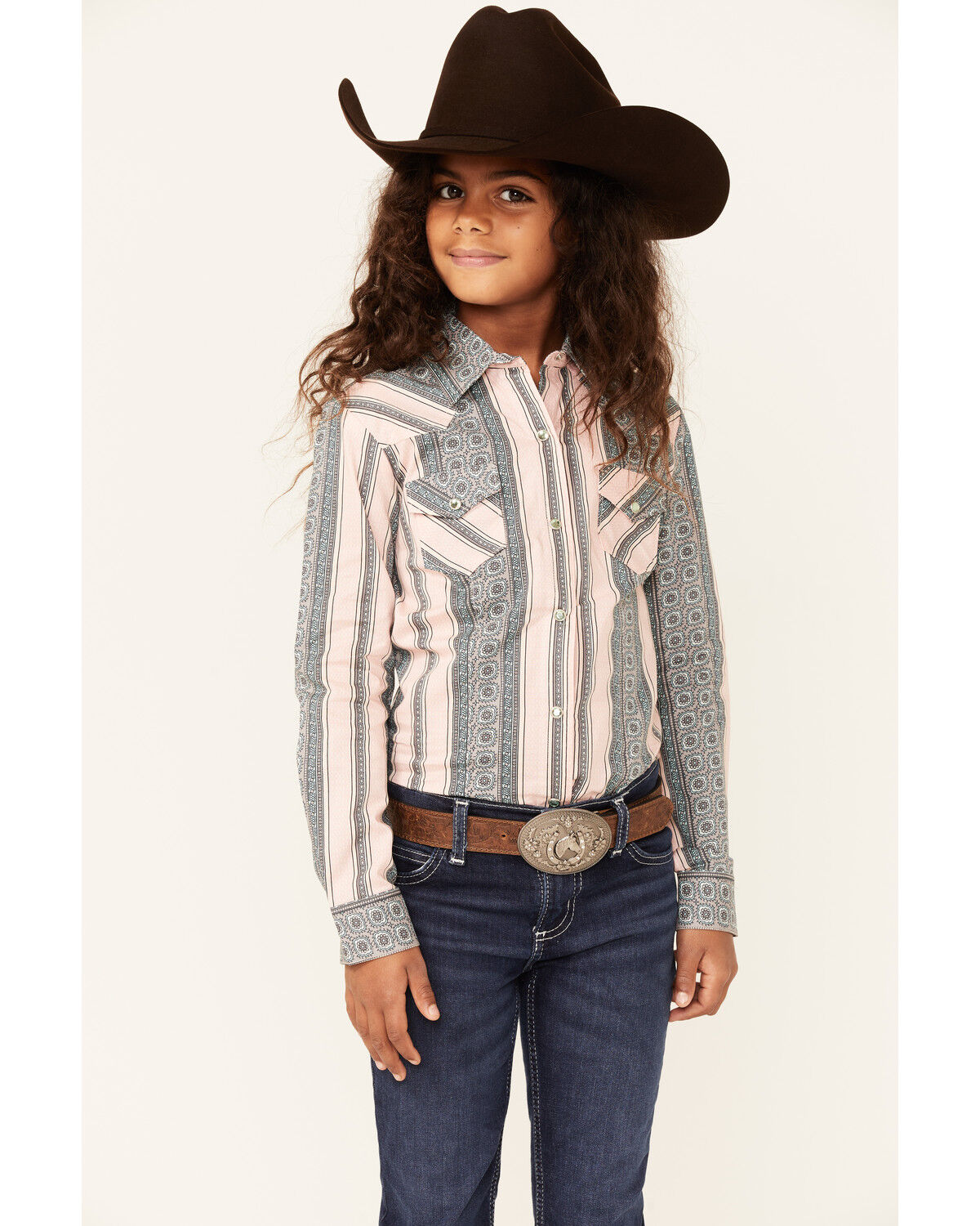 Image #1 - Cruel Girl Girls' Medallion Stripe Long Sleeve Snap Western Shirt, Pink, hi-res