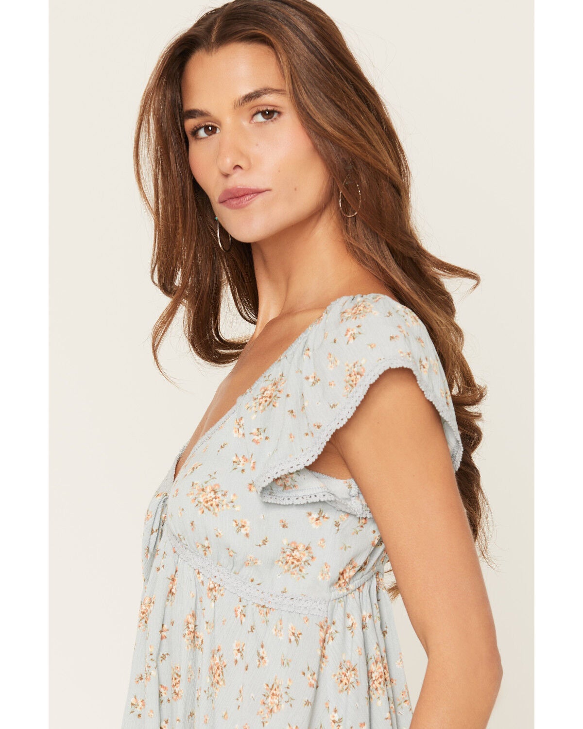 Image #2 - Wild Moss Women's Floral Print Hanky Hem Short Sleeve Top, Light Blue, hi-res