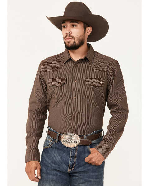 Image #1 - Blue Ranchwear Men's Somerville Herringbone Striped Print Long Sleeve Snap Work Shirt, Dark Brown, hi-res