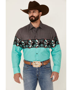 Panhandle Men's Turquoise Rider Southwestern Border Print Long Sleeve Snap Western Shirt , Turquoise, hi-res