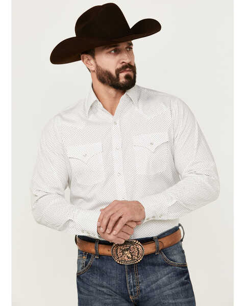 Image #1 - Ely Walker Men's Geo Print Long Sleeve Pearl Snap Western Shirt - Big , White, hi-res