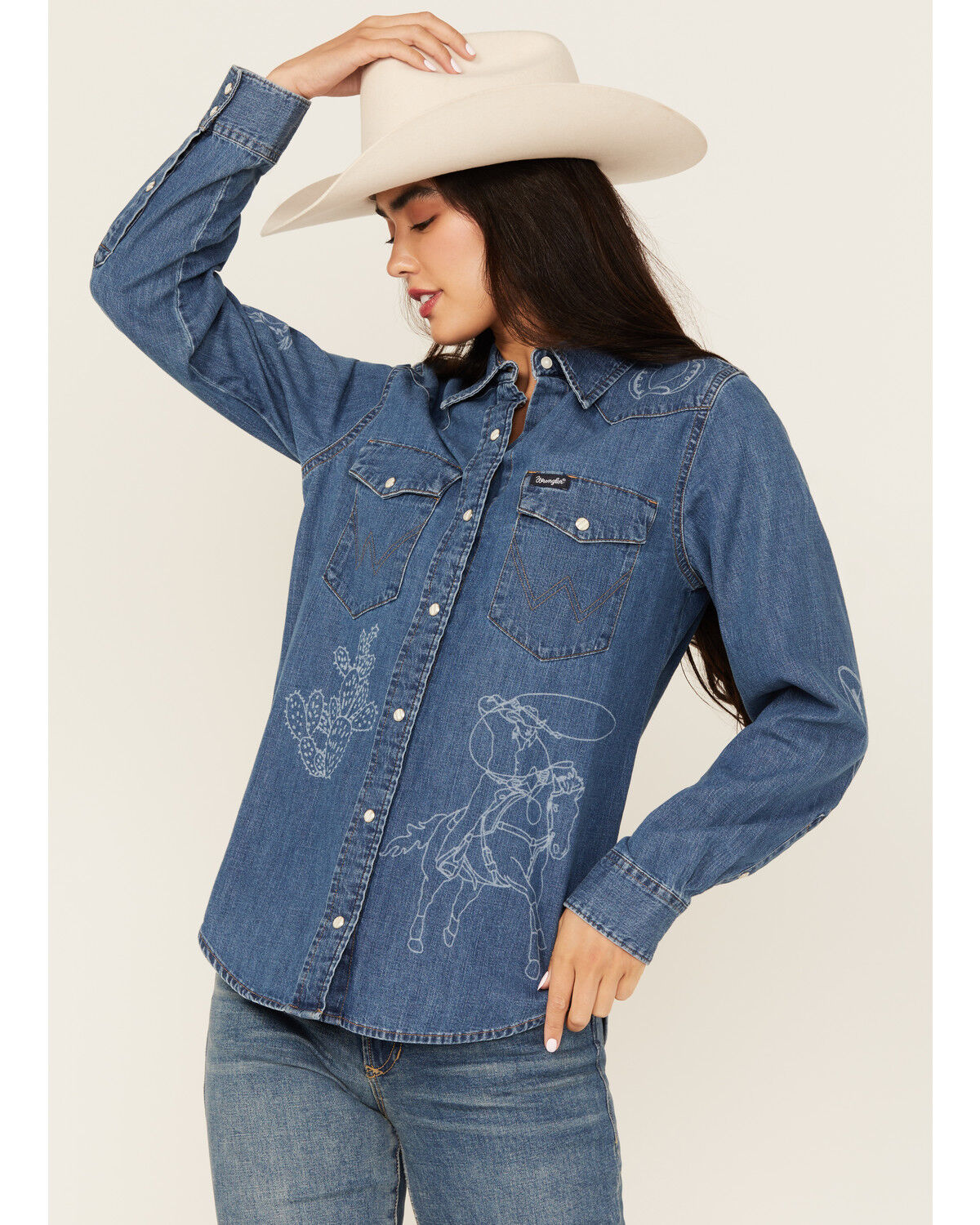 Image #1 - Wrangler Retro Women's Cowboy Long Sleeve Snap Denim Western Shirt, Blue, hi-res
