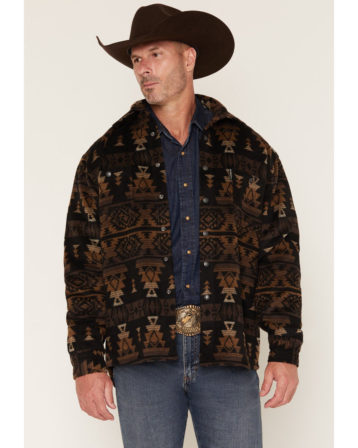 Image #1 - Outback Trading Co Men's Hudson Southwestern Print Snap Shirt Jacket, Dark Brown, hi-res