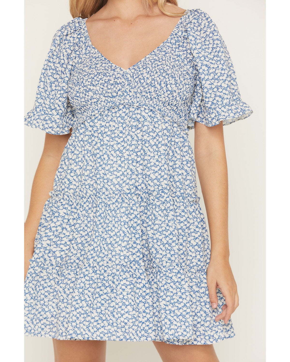 Image #3 - Yura Women's Boot Barn Exclusive Floral Print Smocked Front Tiered Mini Dress, Blue, hi-res