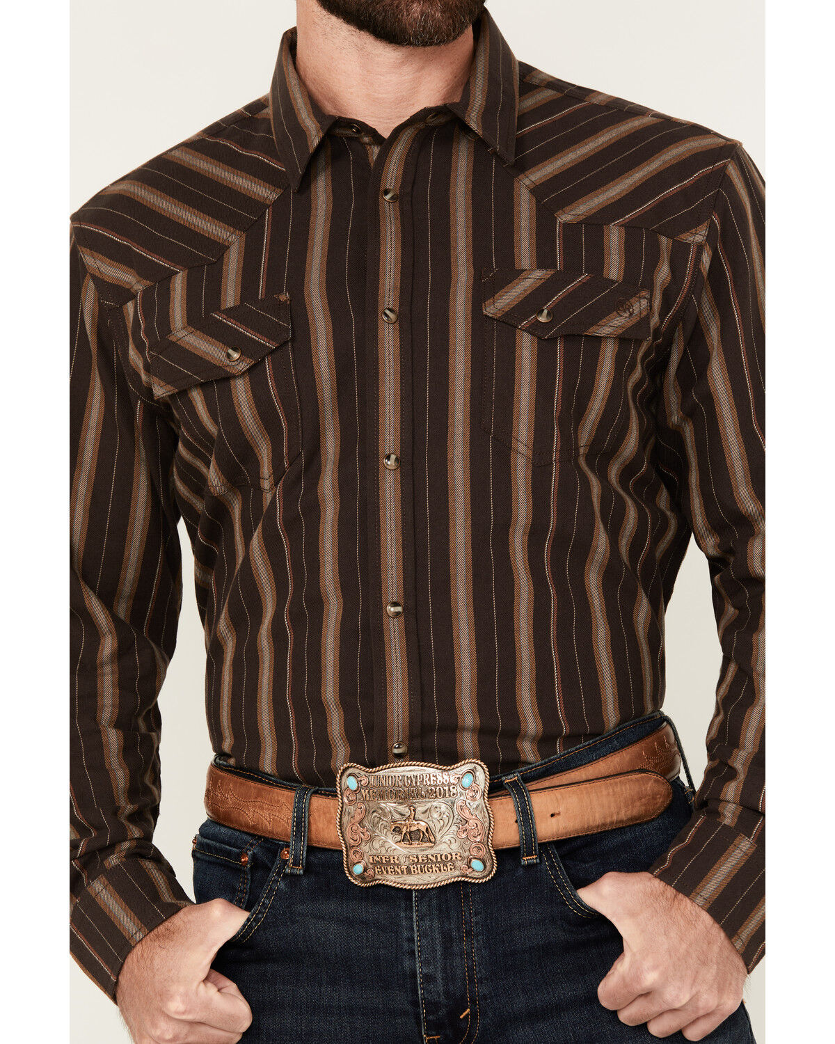 Image #3 - Blue Ranchwear Men's Aspen Striped Print Long Sleeve Snap Western Shirt, Dark Brown, hi-res